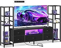 Casaottima 47" TV Stand for 40-55 Inch TVs: LED Lights, 3 Outlets + 2 USB, 5 Fabric Drawers - Entertainment Center for Living Room & Bedroom, Black