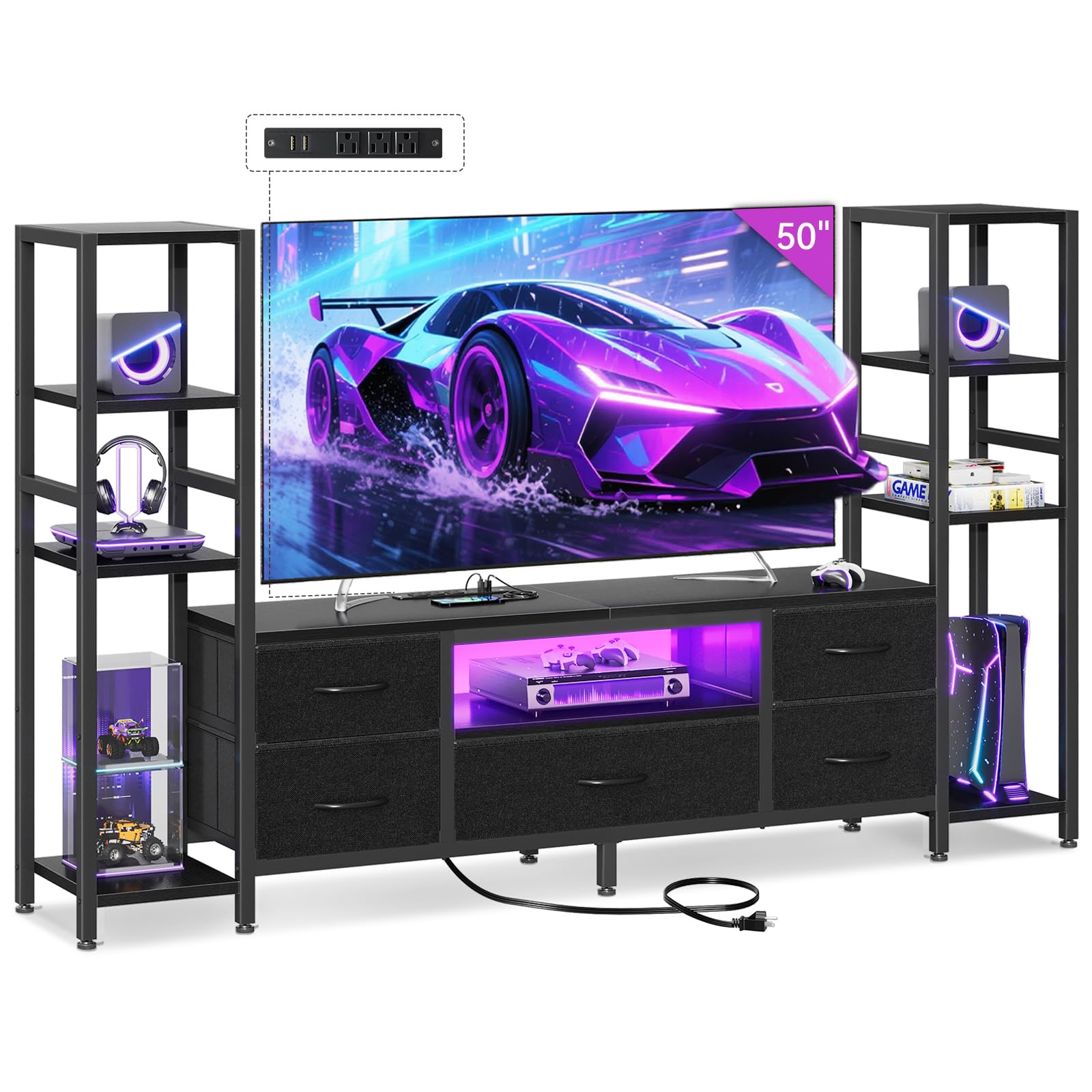 casaottima tv stands for 40/43/50 inch tv, entertainment center with led lights & power outlets, tv stand living room with 5 fabric drawers, tv console cabinet for bedroom, black