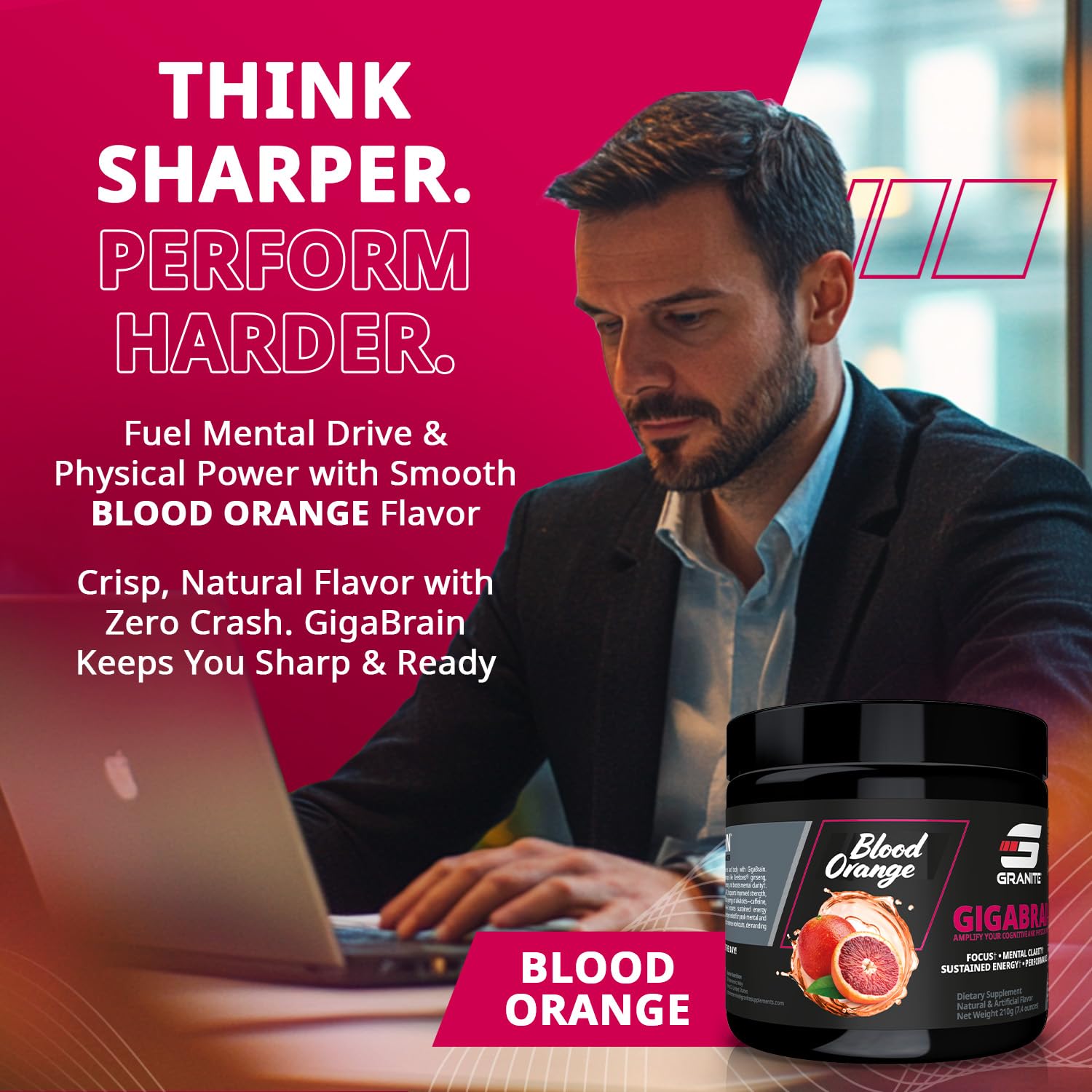 (inv) Granite Nutrition GigaBrain Nootropic Energy Powder – Cereboost, Alpha-GPC & ElevATP – Cognitive Focus Supplement for Sustained Energy & Performance – Blood Orange, 30 Servings