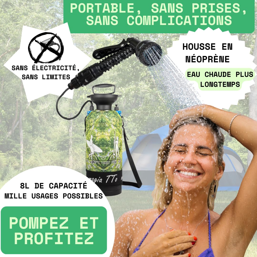 MAGIATTO Douche Portable Camping, Pompe Manuelle 8 L [sans Électricité] – Douche Camper, Voyage, Plage, Surf, Randonnée, Chien et Animaux – Transport Facile et Hygiène en Plein Air