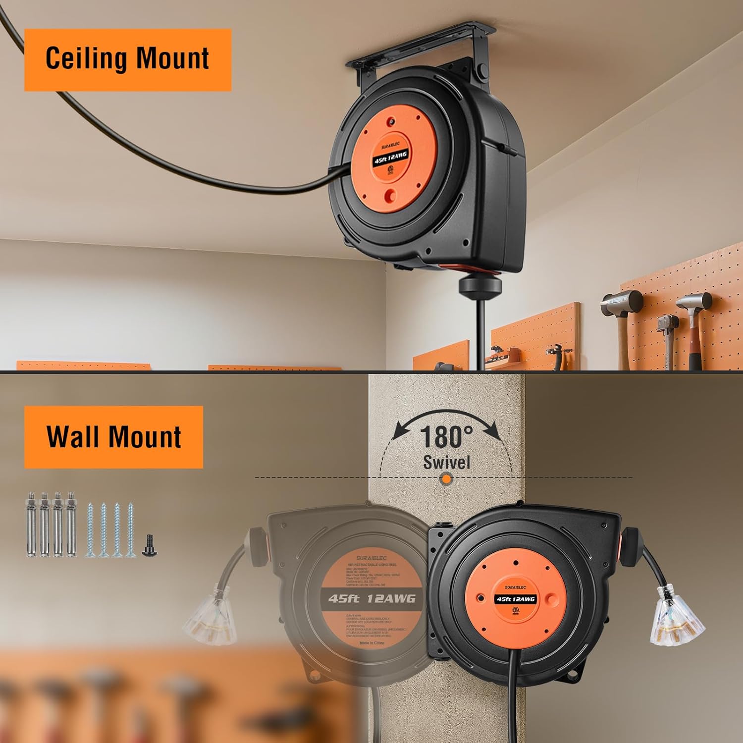SURAIELEC 12 Gauge Extension Cord Reel, 45 FT Retractable Extension Cord, 12 AWG/3C SJTOW Heavy Duty Power Cord, 15 AMP Circuit Breaker, Lighted Triple Tap, Ceiling or Wall Mount, ETL Listed, Orange