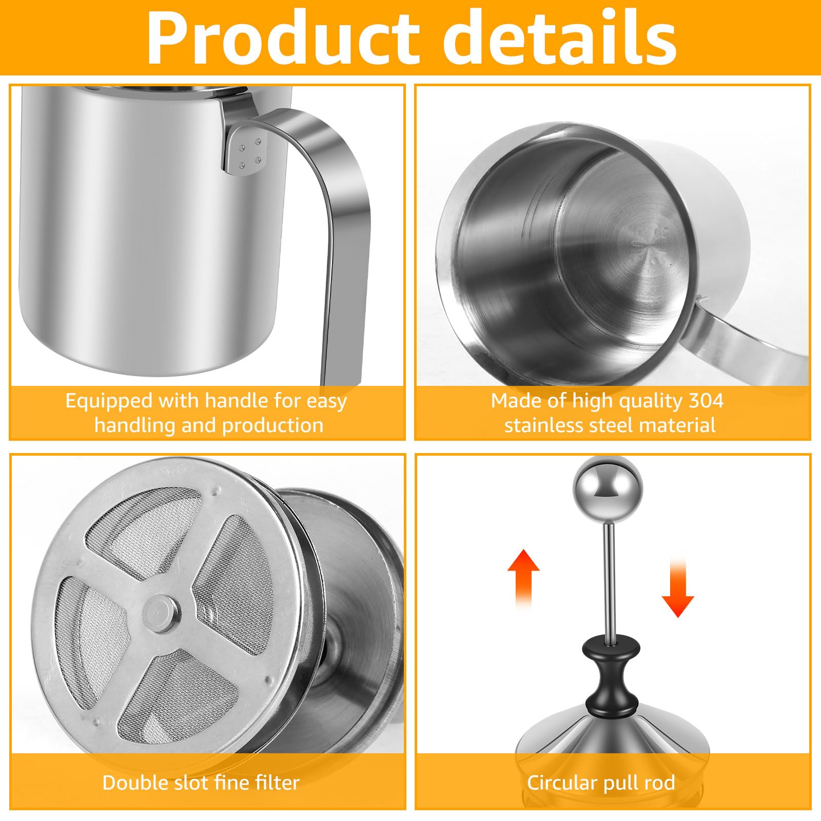 RVEFOT Manual Milk Frother 400ML 304 Stainless Pump Milk Foamer with Handle Lid Double Mesh Cold Cappuccino Foamer Handheld Milk Creamer for Coffee Matcha