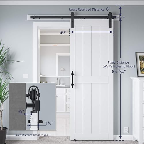 Miniatura 10 de COSHOMER Puerta corrediza de granero MDF de 24 x 84 pulgadas con kit de herrajes para puerta de granero de 4 pies y asa, agujeros preperforados,