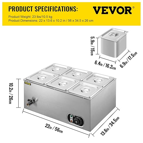 Miniatura 7 de VEVOR Calentador comercial de alimentos 6x16GN, 6 bandejas de acero inoxidable Bain Marie de capacidad de 12.6 cuartos de galón, mesa de vapor de