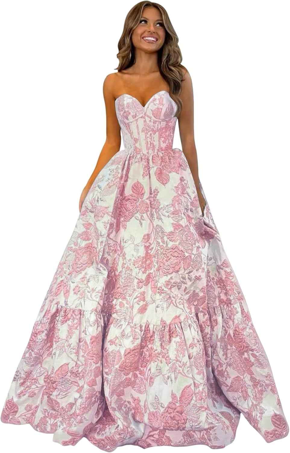 Floral Satin Prom Dresses for Women Strapless Jacquard Corset Formal Evening Party Gowns with Pockets