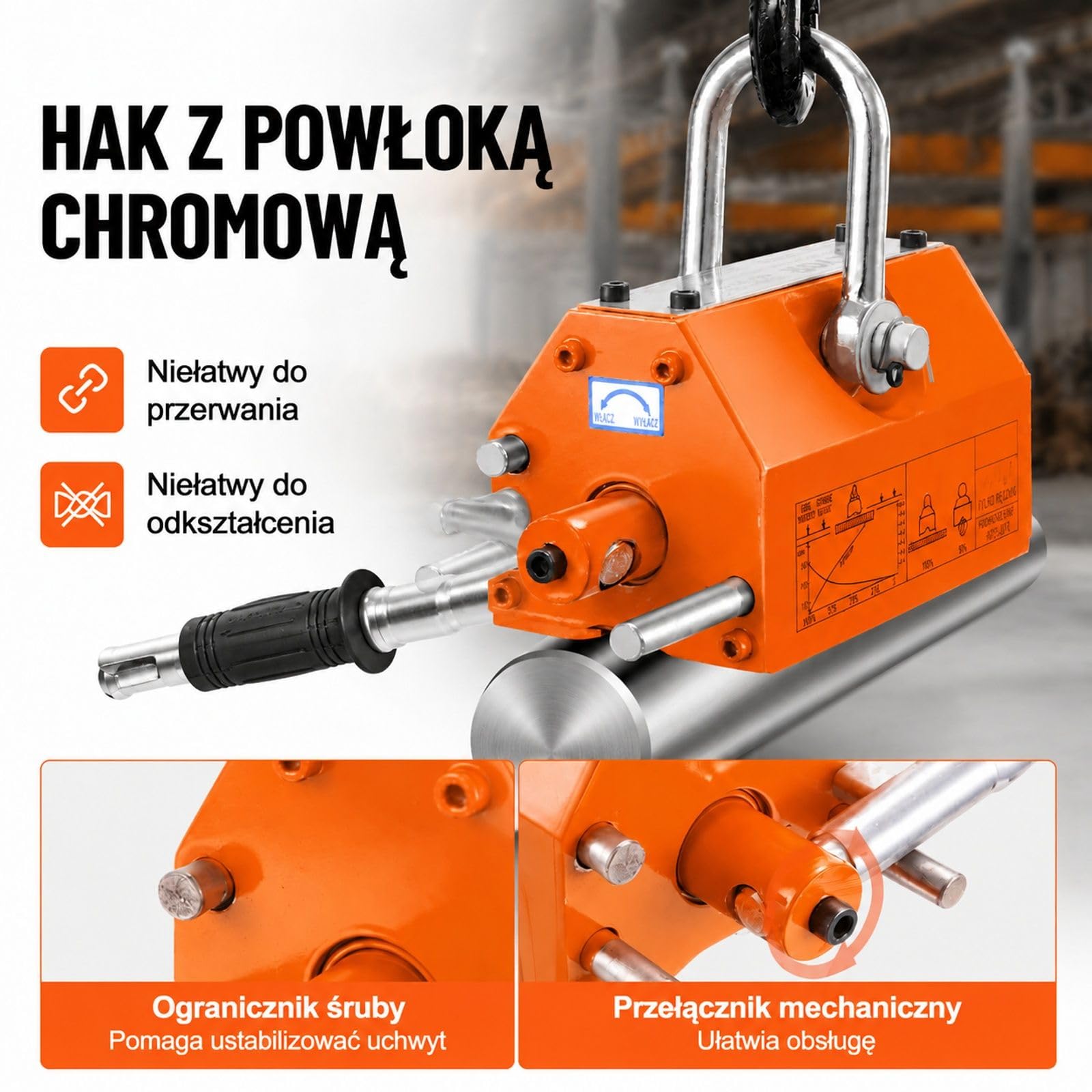 Magnes podnoszący 400 kg, neodym i stal z uchwytem zwalniającym, rowek U do blach oraz prętów w warsztacie