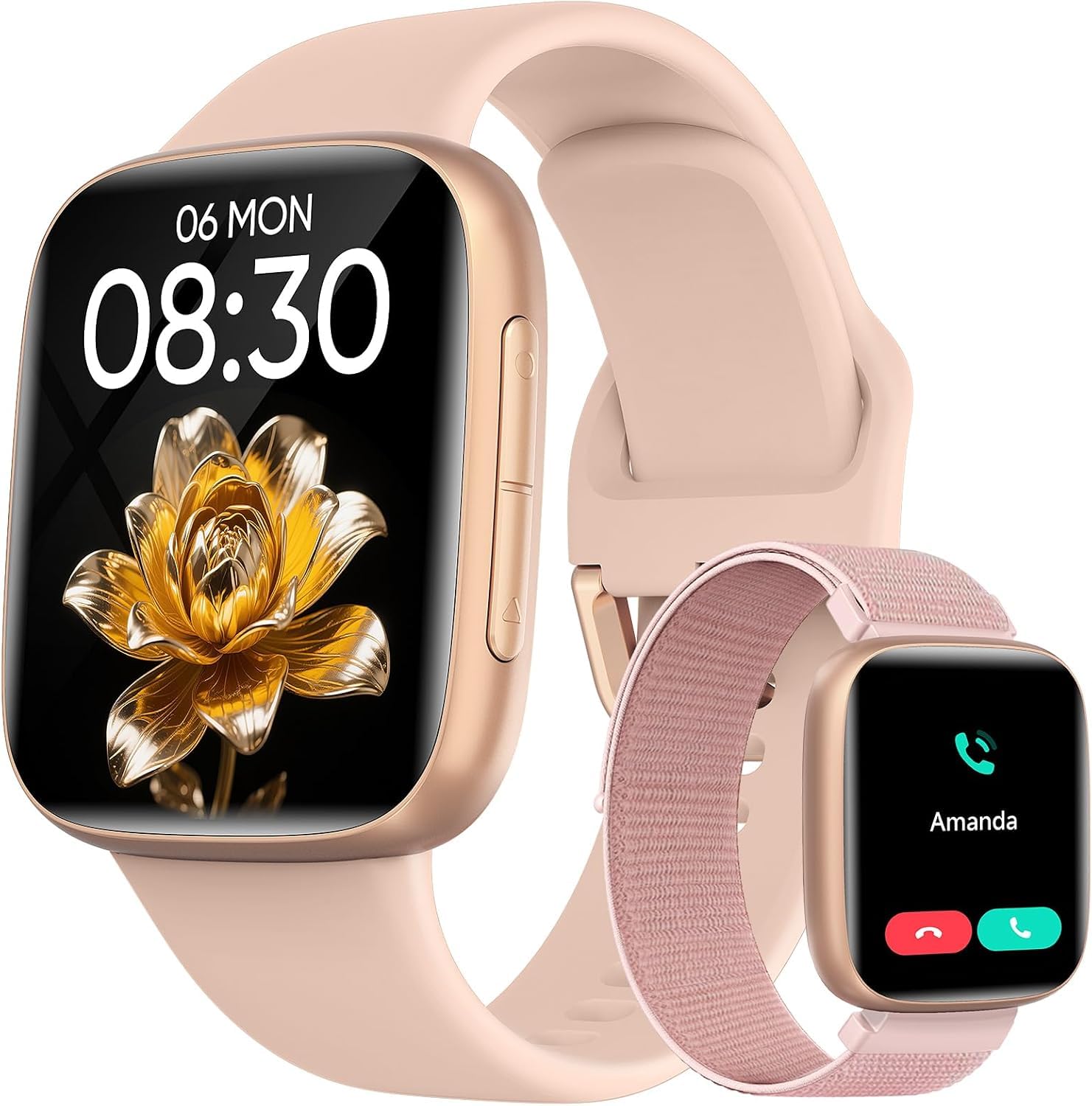 Smart Watch for Women, 1.85" AMOLED Ultra-Clear Screen Smartwatch Compatible iPhone/Samsung/Android, 100+ Sport Modes Fitness Tracker with Heart Rate/SpO2/Sleep Monitor, 3ATM Waterproof, 2 Bands Rose Gold (2 Bands)