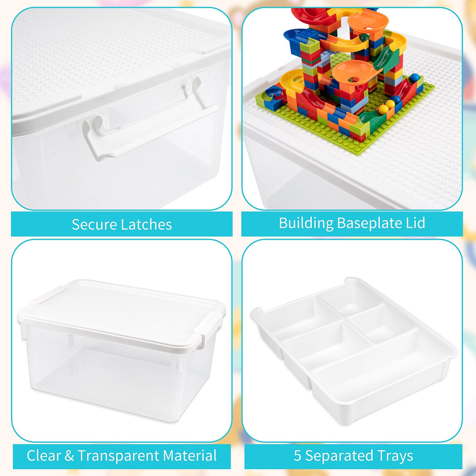 Aufbewahrungsboxen mit Deckel & AbnehmbaresTablett & Bauplatte für Bausteine Aufbewahrungsbox Spielzeug Box Stapelboxen Kunststoff Sortierboxen Kleinteile Transparent