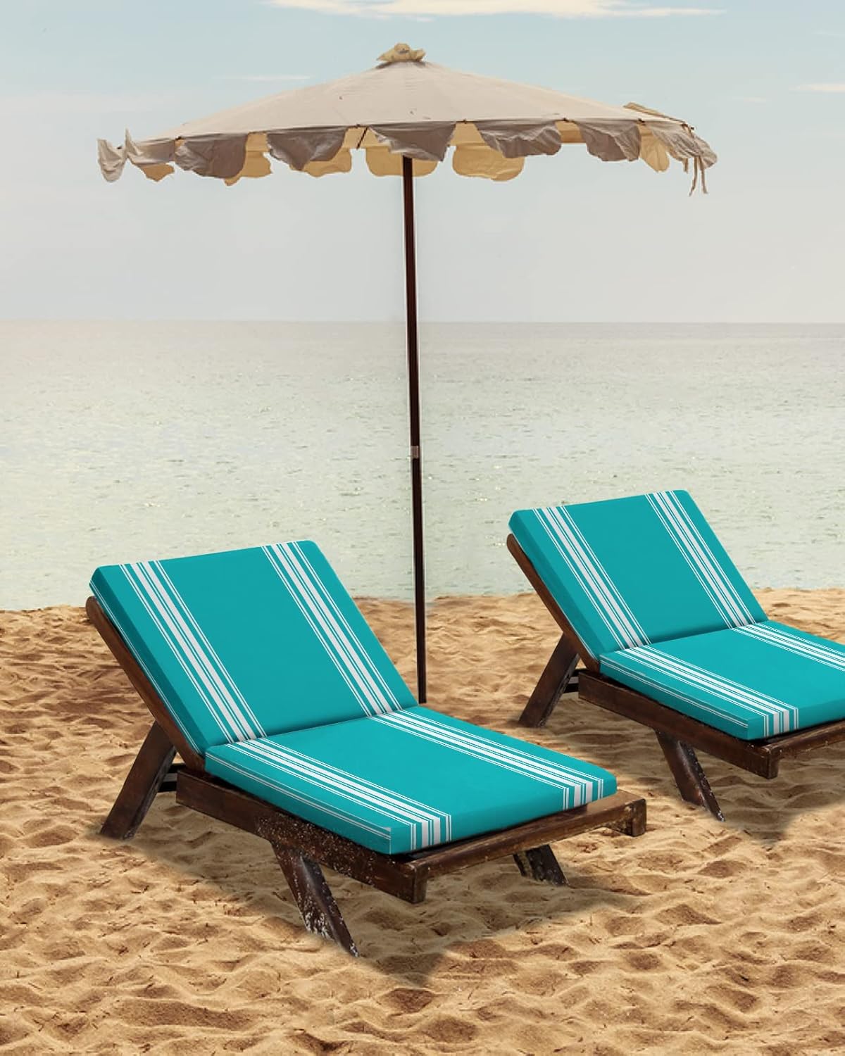 Country Style Simplistic Lines Waterproof Cushion Covers Replacement 22x20In, Turquoise White Set of 4 Indoor Outdoor Chair Seat Cover Patio Cushion Slipcovers for Beach Pool Side Chair Sofa