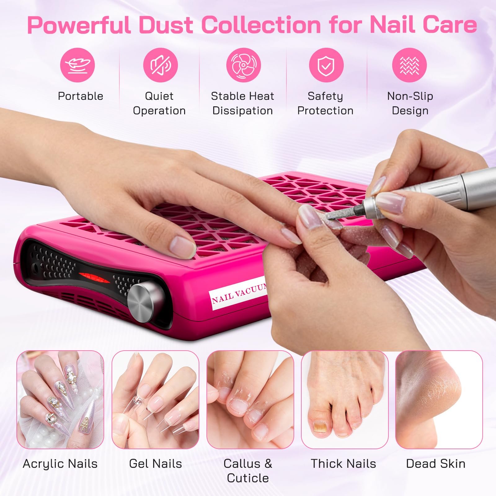 Aspiratore per unghie cablato, doppio ventilatore turbo con potenza di aspirazione 1600 Pa, 30 fogli filtranti, 6000 giri/min, potenza di aspirazione regolabile per manicure, salone di unghie (Rosso)