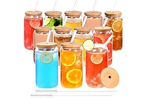 12-Ounce Beer Glass Cups with Bamboo Lids and Reusable Glass Straws
