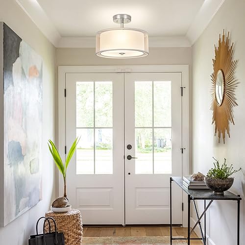 Miniatura 7 de DLLT 3-Light Semi Flush Mount Ceiling Light Fixture, 15 Pink Drum Light Fixtures with Double Fabric Shade, Modern Pendant Light Hanging for Living