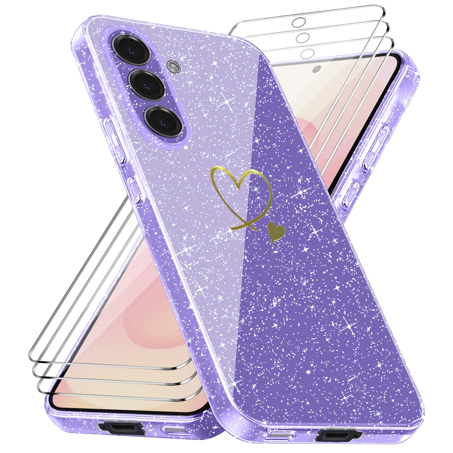 Cover Compatibile con Samsung Galaxy S25 FE 5G ((Non per S25), con 3 Pezzi Vetro Temperato Pellicola Protettiva, Glitter e Antimpronta Custodia, Antigraffio e Morbido Caso - Viola