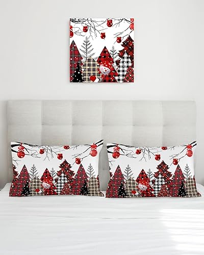 Miniatura 3 de Juego de 2 fundas de almohada decorativas rectangulares, diseño de muñeco de nieve, rojo y negro, a cuadros, árbol de Navidad, ramas de Navidad, 12