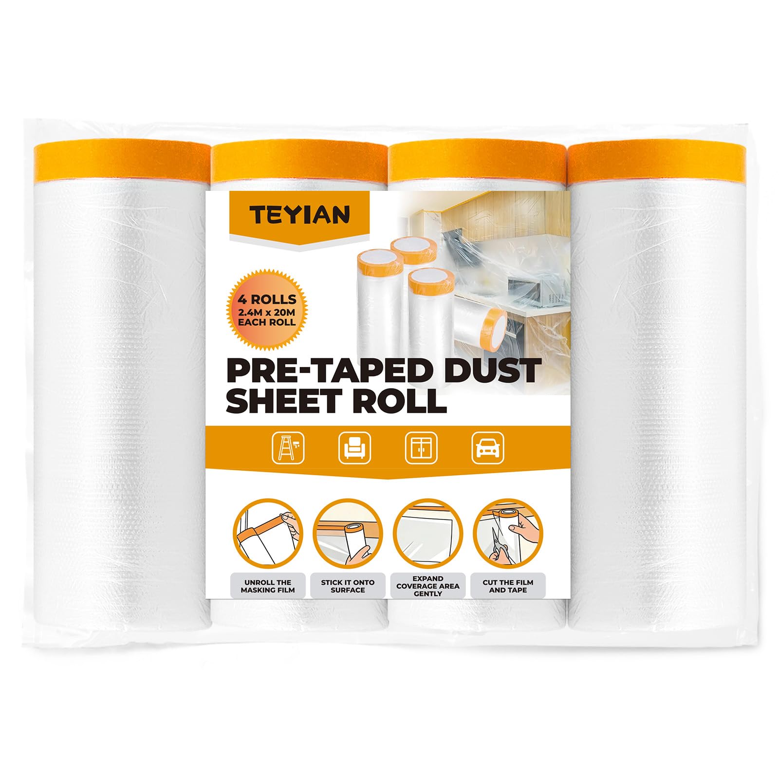 4 Rolls 2.4x20M Plastic Dust Sheet for Decorating Pre-Taped Masking Film Tape and Drape Self-Adhesive Painting Drop Film for Auto Wall Furniture Painting and Spraying Protection