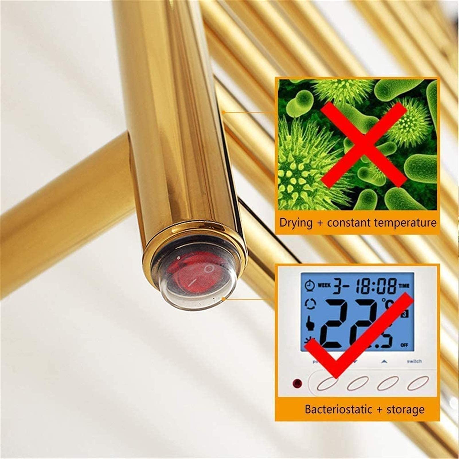 Toallero calefactable de Acero Inoxidable 304, radiador de Pared, toallero eléctrico con Estante para baño, Dorado, 3 Barras