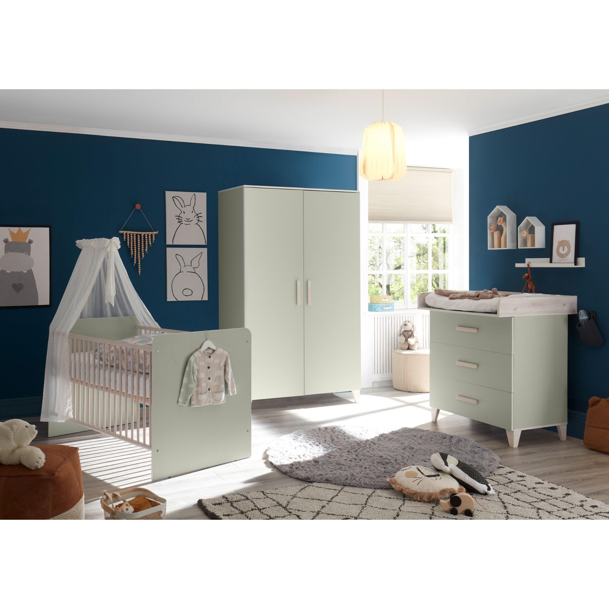 Stella Trading Prizzi Completo Color Verde Pastel/Aurum, Juego de Muebles para habitación de bebé de 3 Piezas Compuesto por Armario, Cuna y Cambiador, Madera, Komplett-Set