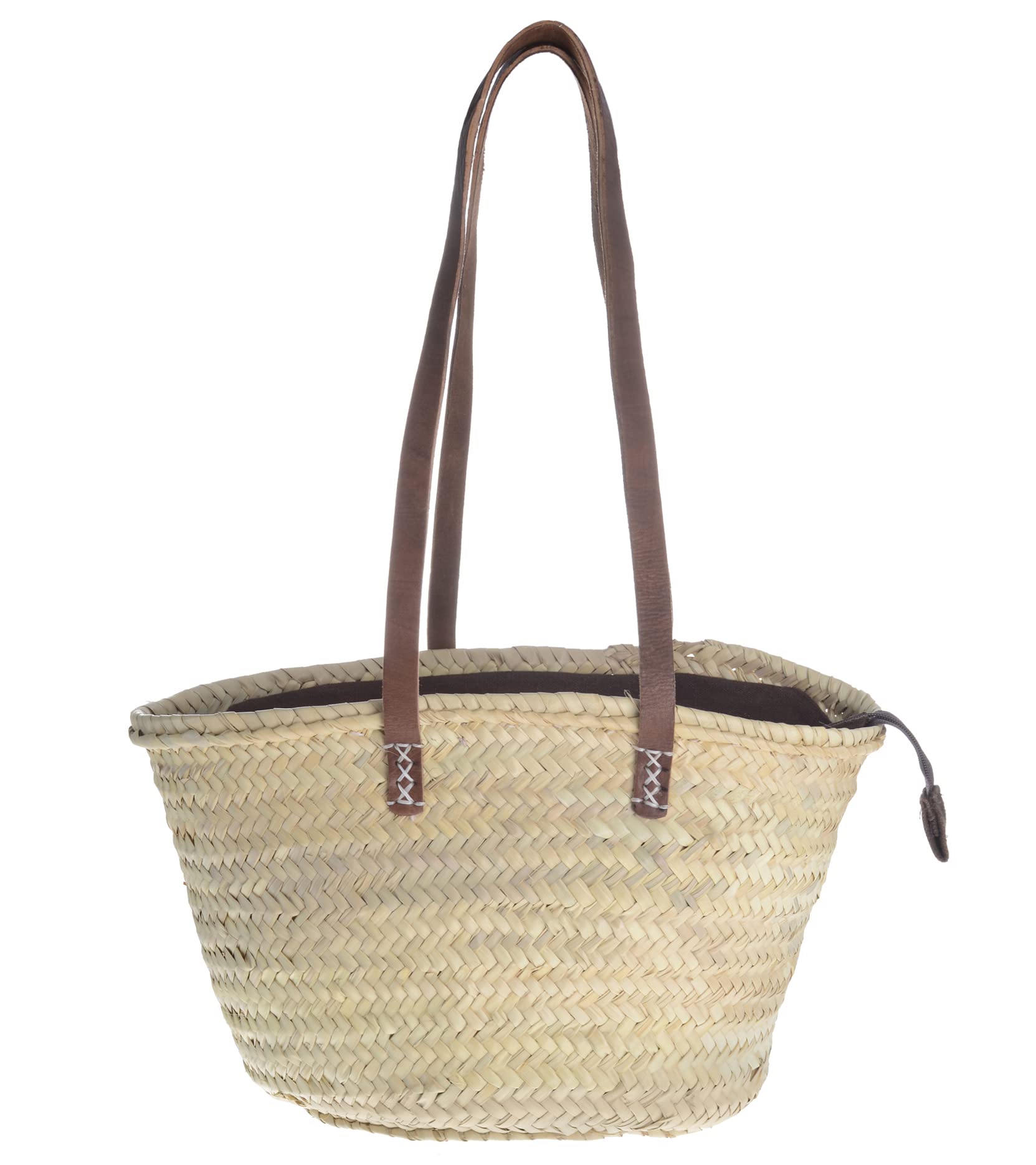 HERSIG Afrikan Bags - Bolso Capazo de Palma | Bolso de Palma de Base Oval con Cierre Cremallera y Asa de Cuero Redonda en Cuero Marrón - 41 x 24 x 25 cm