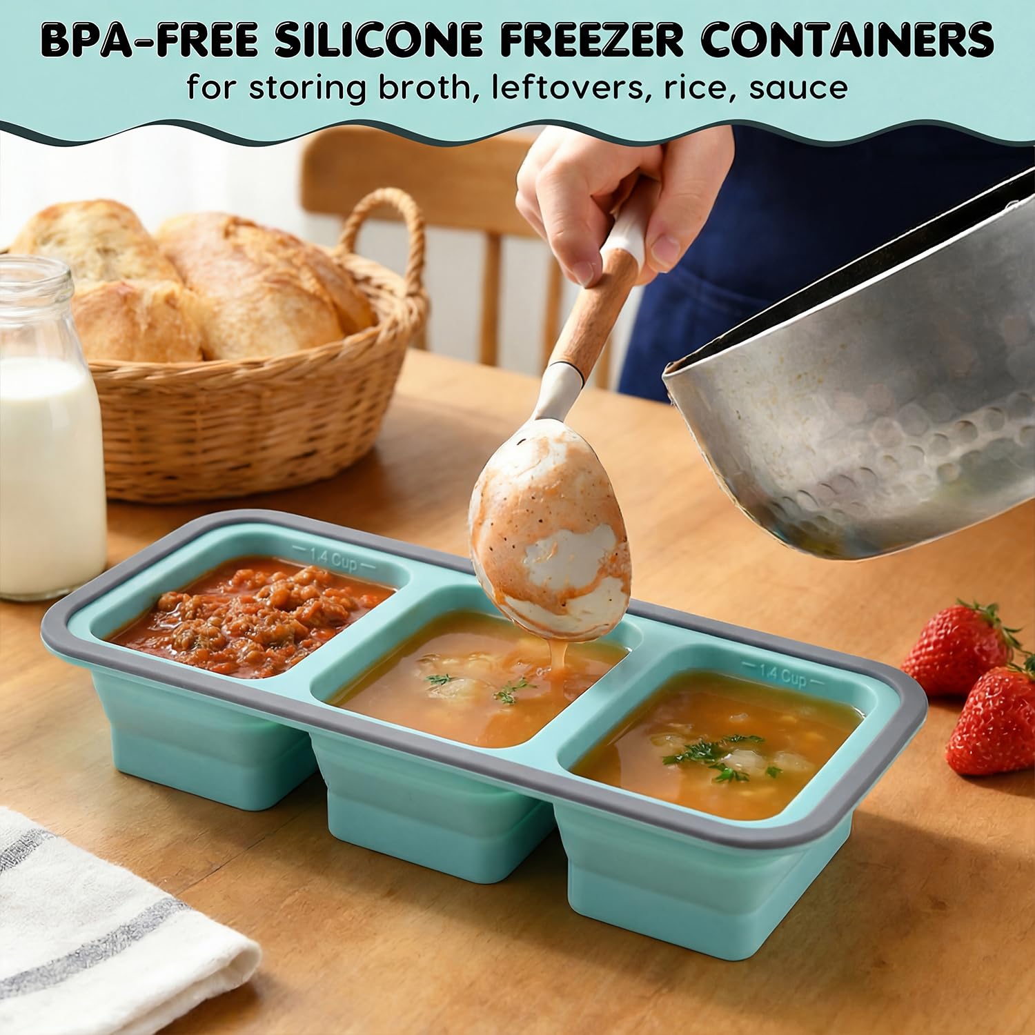 Silicone Soup Freezer Moulds with Lid, BPA-Free Soup Freezer Containers, 3 Ge, 29.5 x 14 x 6 cm - Image 8