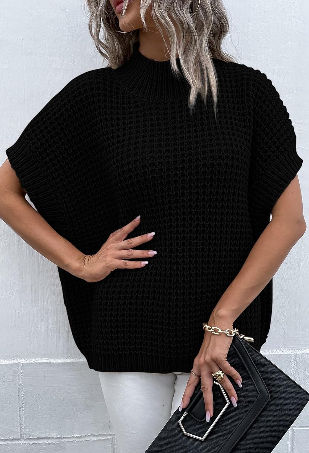 Pink Queen Women's Mock Neck Batwing Short Sleeve Loose Oversized Knit Pullover Sweater Vest Jumper Tops - Image 3