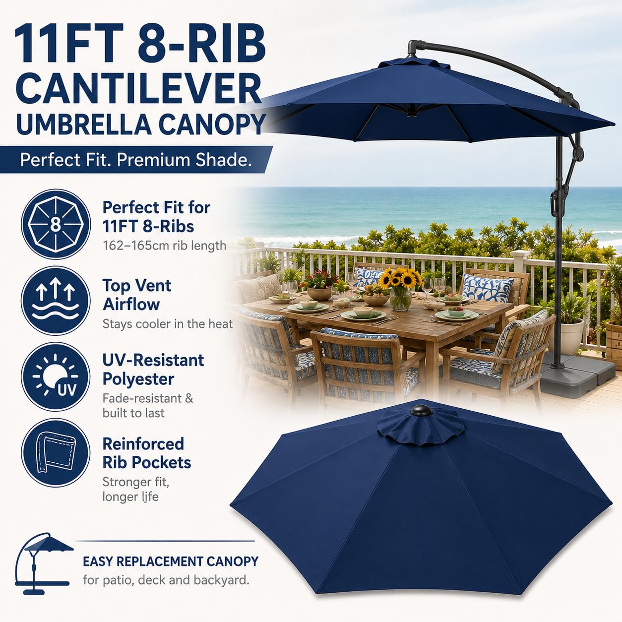 Générique Toile de remplacement parasol déporté 3,3 m, 8 baleines