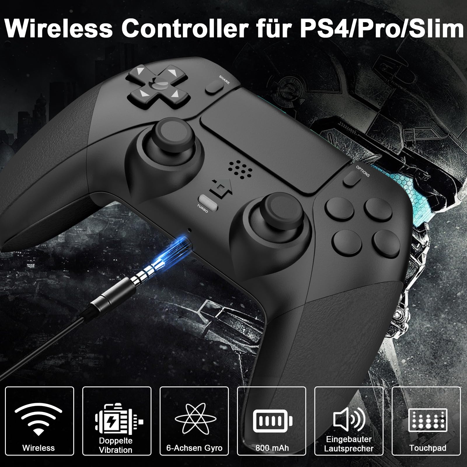Shiptree Wireless Controller für PS-4, Game Controller Kompatibel mit PS-4/Slim/Pro mit 2 Programmierbaren Tasten, Gamepad mit Trubo/Dual Vibration/6-Achsen Gyro Sensor/Touchpanel/Audio Jack - Schwarz