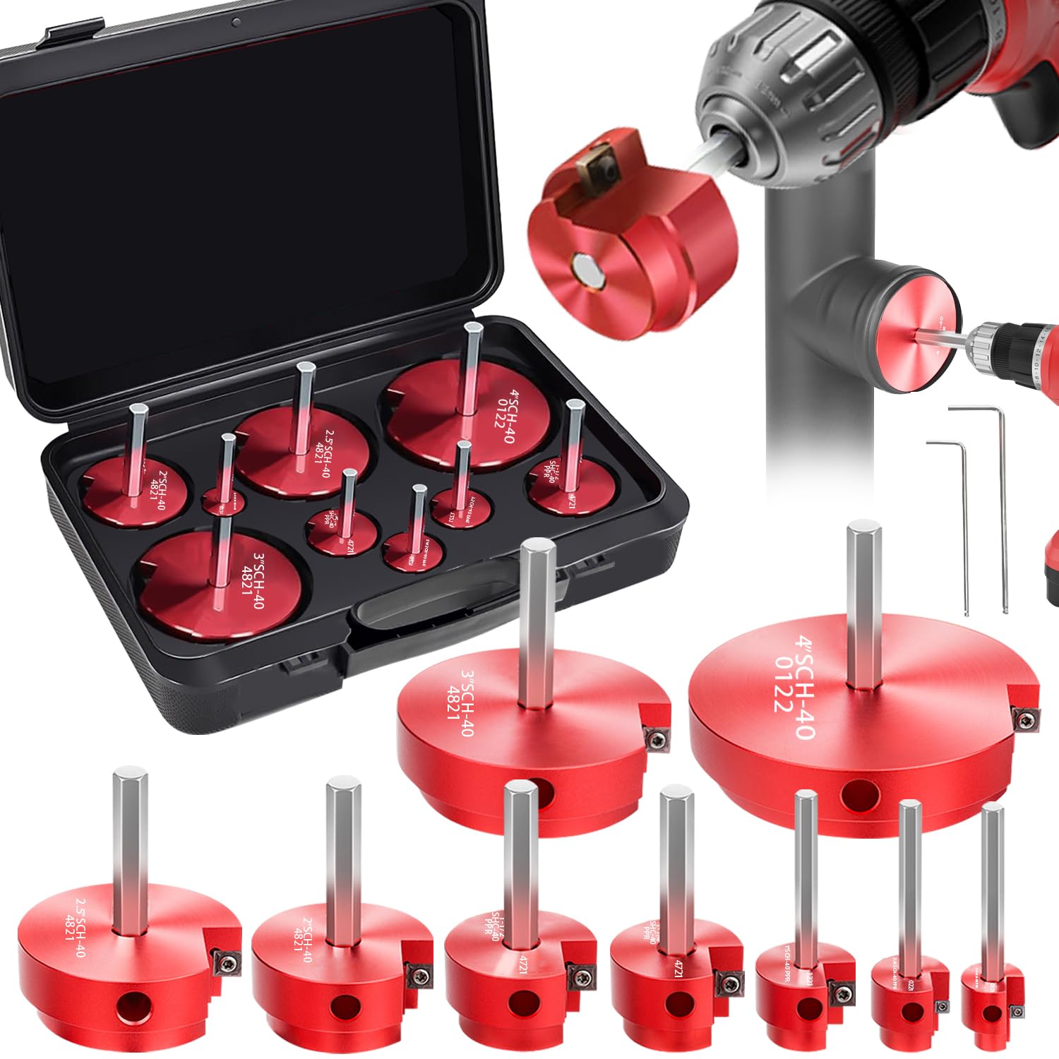 Kit d'alésoir pour tuyau PVC 9 pièces pour perceuses de 1/2" - Alésoir à coupe intérieure de 1/2", 3/4", 1", 1-1/4", 1-1/2", 2", 2,5", 3", 4" pour PVC, CPVC, ABS, conduits et tuyauterie industrielle