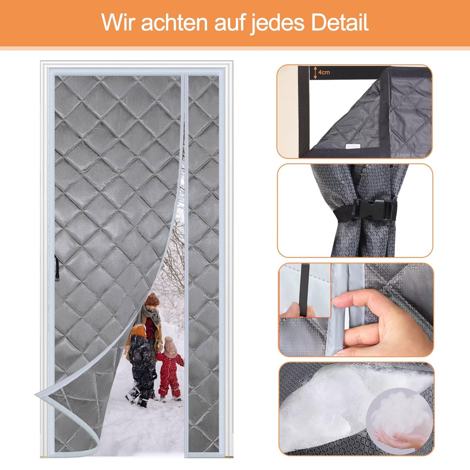 Wärmeschutzvorhang 110x220CM, Kälteschutz warm Hitzeschutz Magnetvorhang Tür Automatisches SchließEn Frei Magnetisch, für Schlafzimmer,Drinnen und Draußen- Grau mit Seitenöffnung