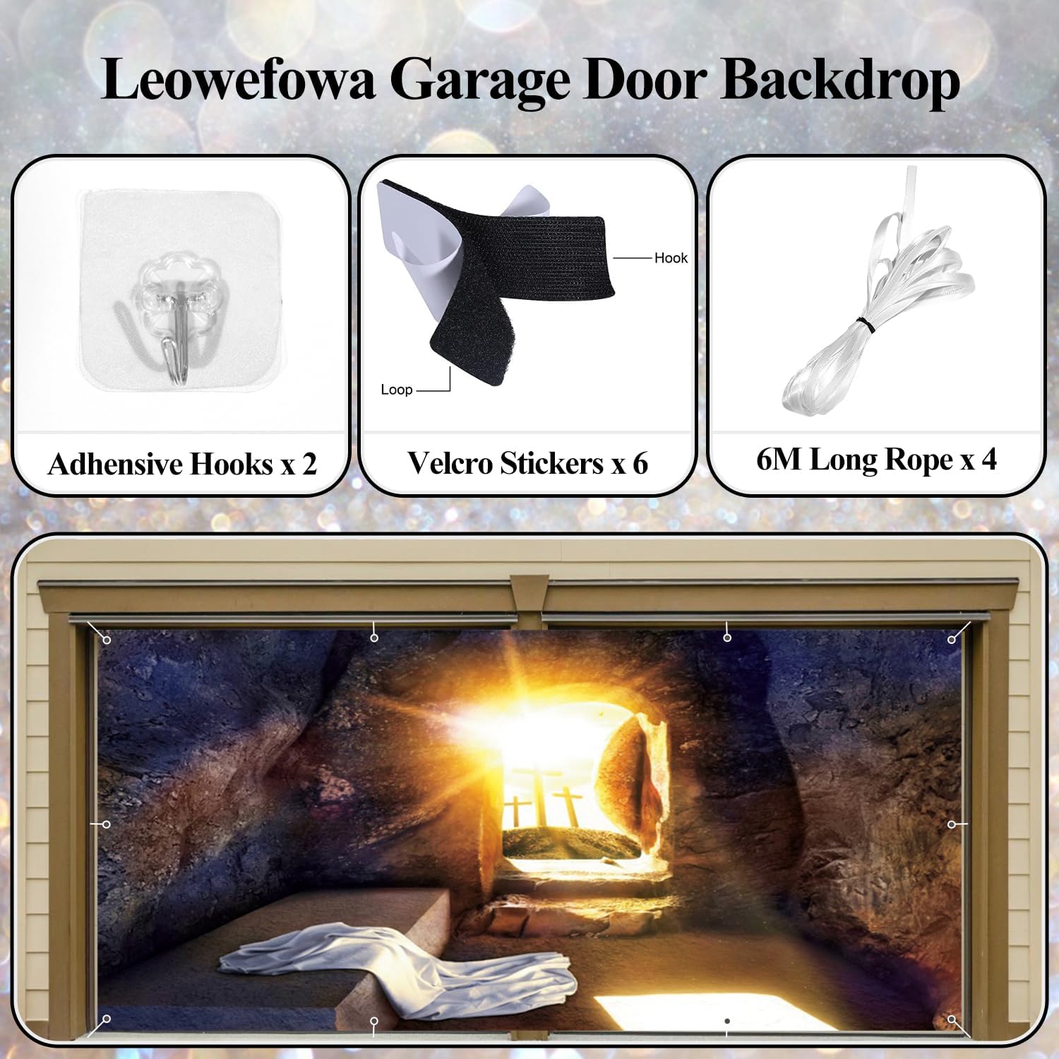 Leowefowa Easter Garage Door Decorations 16x7ft Sunrise Remote Holy Cross Banner for Garage Door Empty Jesus Tomb Backdrop Easter Day Door Cover Outside Door Church Decorations