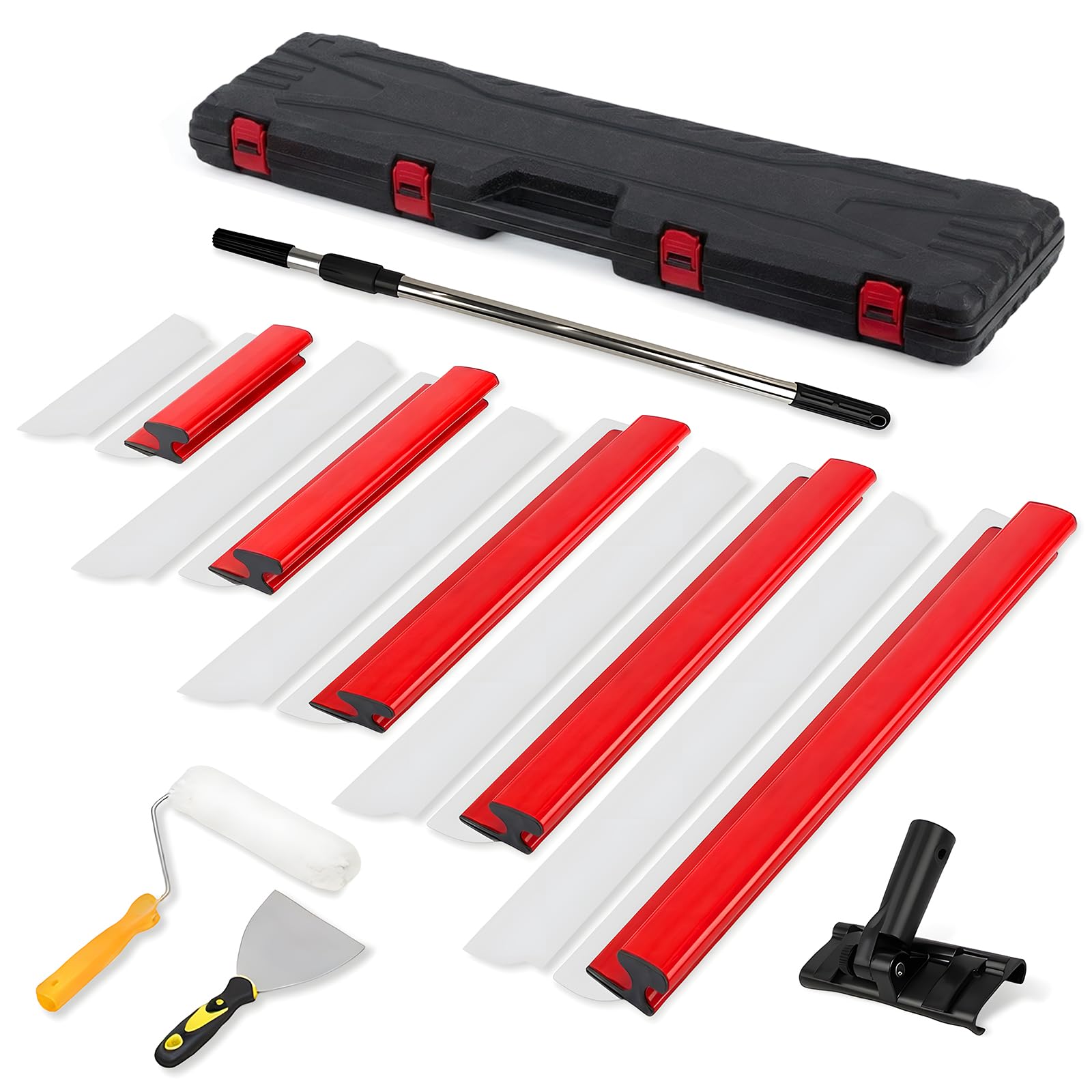 Premium Spachtelset, 5 x Flächenspachtel (200mm, 400mm, 600mm, 800mm, 1000mm), 0,35 mm und 0,5 mm Dicke, Teleskopgriff, Transportkoffer, Spatelsatz für Trockenbau und Verputzarbeiten