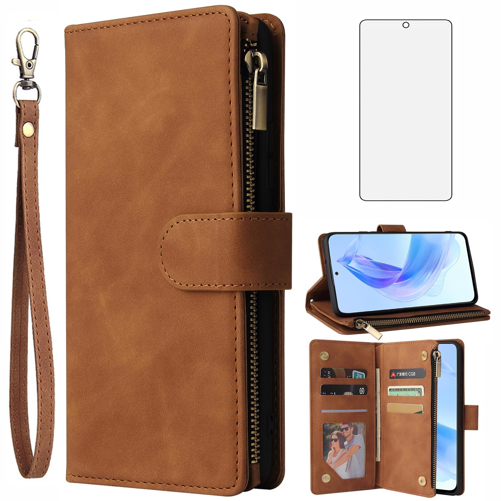 Asuwish Compatible with Huawei Honor X50i/90 Lite Wallet Case Tempered Glass Screen Protector and Leather Flip Cover Card Holder Cell Accessories TPU