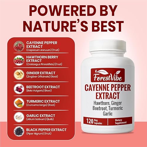 Miniatura 3 de Cápsulas de pimienta de cayena, mezcla 7 en 1 con espino, jengibre, remolacha, ajo y cúrcuma, 120 cápsulas veganas, suministro de 2 meses, píldoras