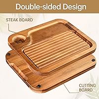 Vista 6 de 4 piezas de platos para bistec de madera de acacia, tabla de cortar carnívora para comer, plato de carne tallado en madera, bandeja para servir