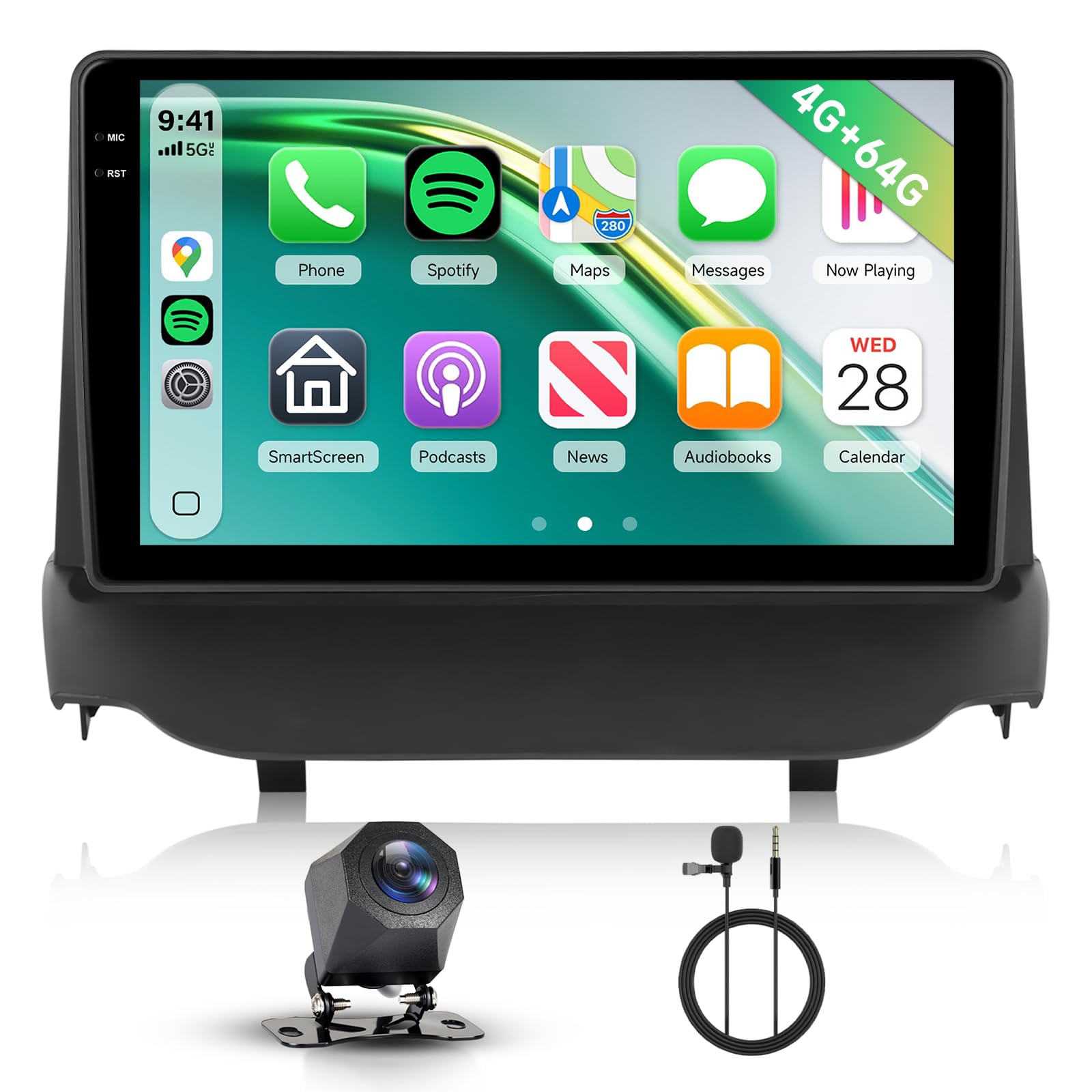 Hodozzy Radio samochodowe 4G + 64 GB do Ford Ecosport 2013-2017 Android 9 cali InCell ekran dotykowy nawigacja Carplay Wireless Android Auto Radio 2 Din z Bluetooth DSP WiFi FM RDS, kamera cofania do