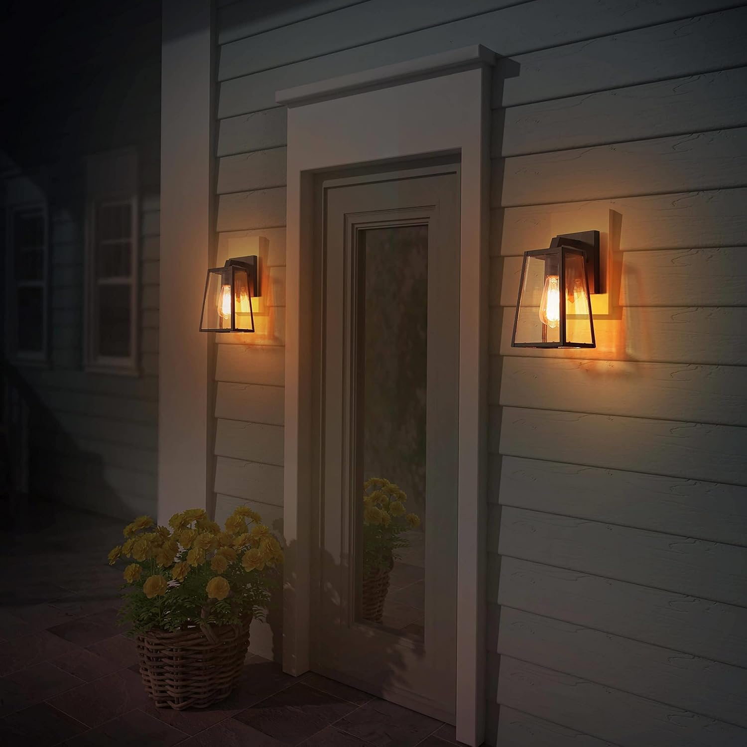 classy leaves Black Outdoor Wall Lights, Modern Farmhouse Waterproof Anti-Rust Exterior Wall Sconces Trapezoid Light Fixtures with Clear Glass Shade for Porch, Patio, Yard, Garage, Front Door