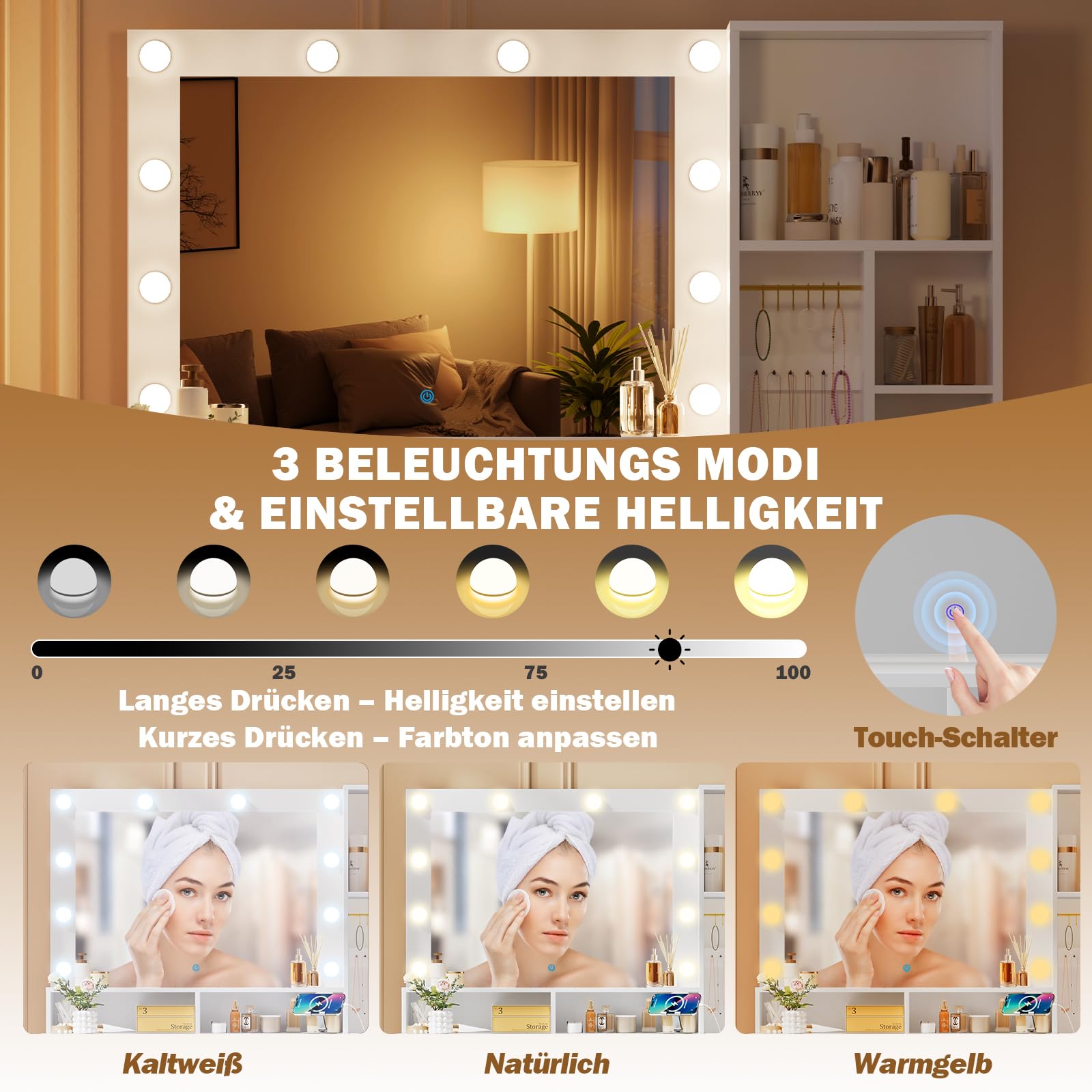 TRIUMPHKEY Schminktisch mit Spiegel und Licht mit LED-Beleuchtung mit Steckdosen (AC,USB&Type-C) 5 Schubladen 7 offene Stauräume mit Schmuckhaken, Make Up Tisch modern 149x114x40cm Satinweiß