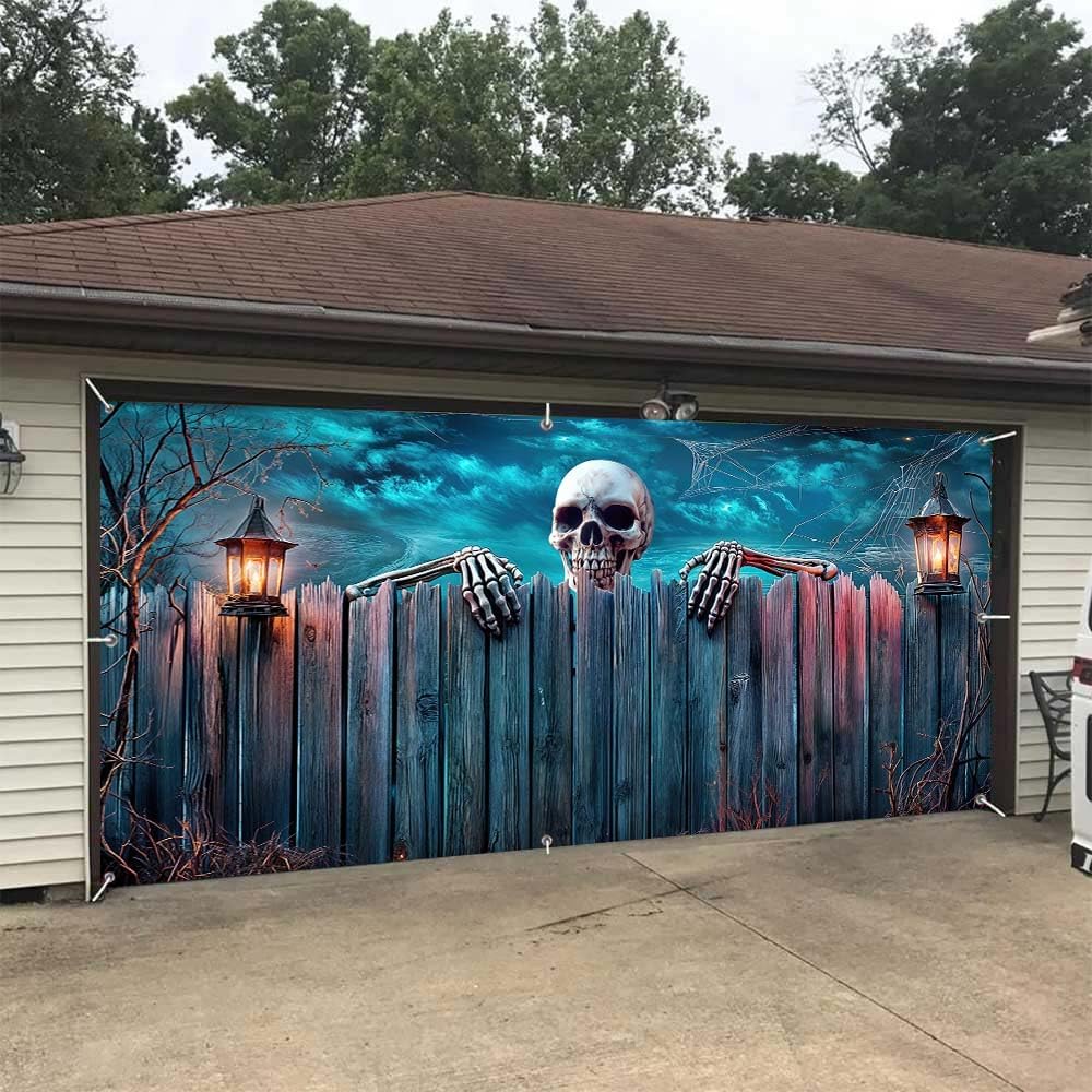 Halloween Garage Door Decoration Background Large Size Skull Heads Catch Wood Lantern Skeleton Pumpkin Lantern Garage Wall Backdrop Banner Cover Outdoor Holiday 16X7FT