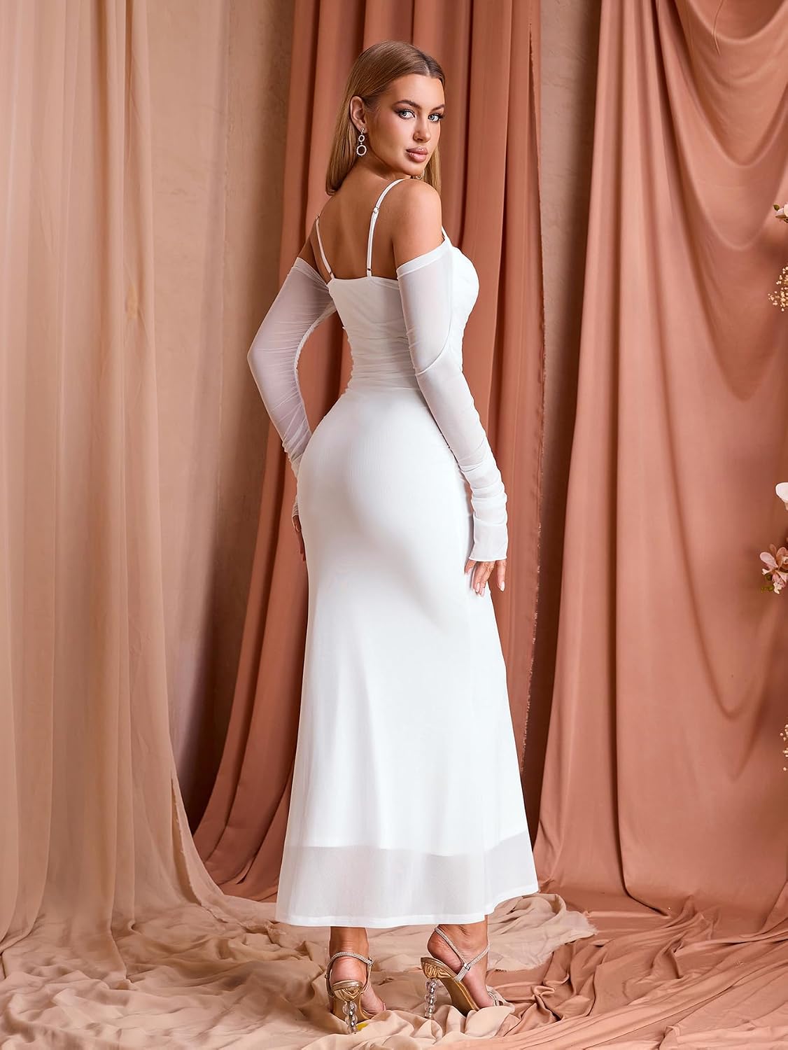 EYNMIN Women's Fall Wedding Guest Dresses Long Sleeve Spaghetti Strap Mesh Ruched Bodycon Maxi Formal Dress