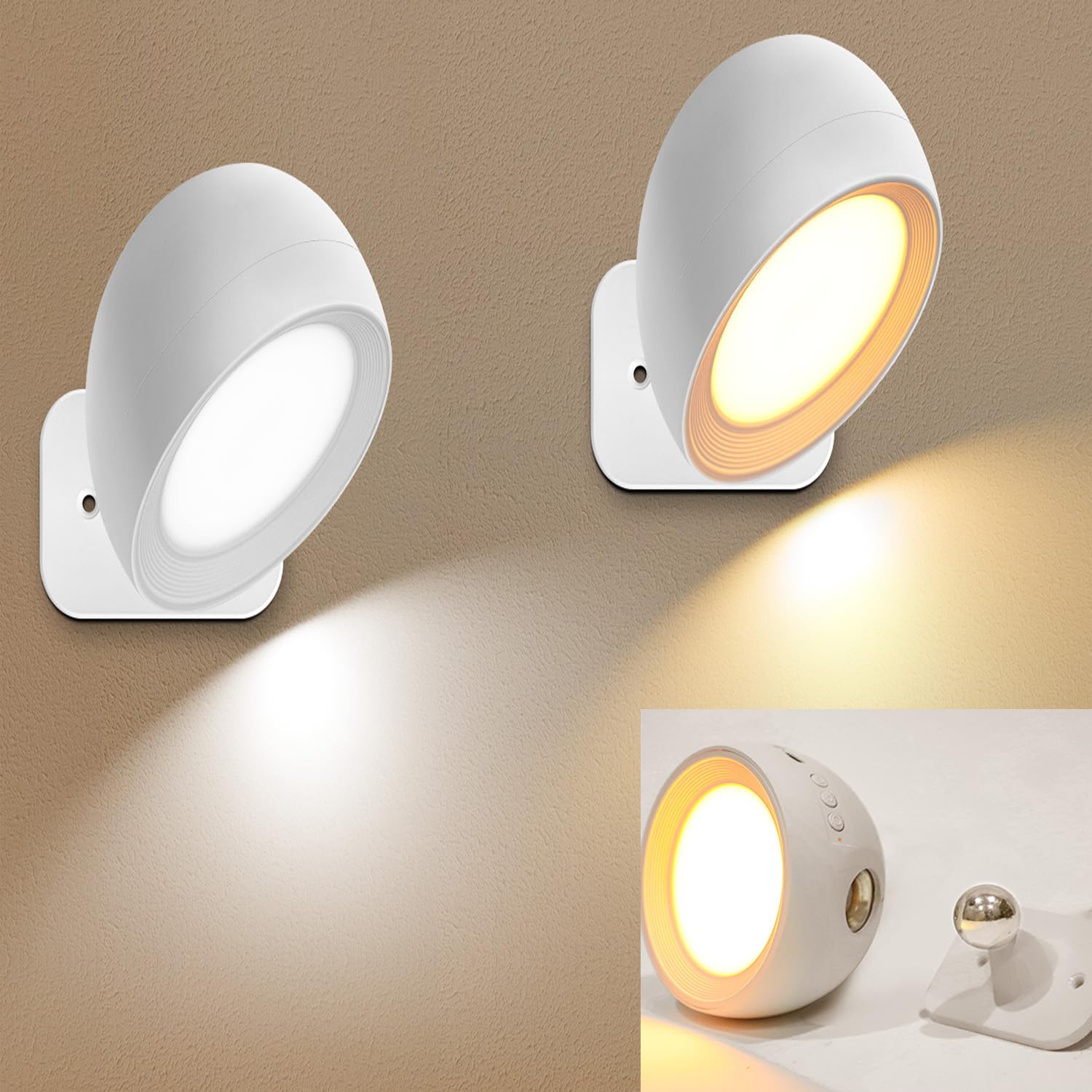 Aplique Pared Interior, 2 PCS Lámpara LED Pared, Batería USB Recargable Control Táctil, 4 Modo Color / Nivele Brillo, Iluminación Giratorio 360°, Lampara Pared para Dormitorio, Sala de Estar, Pasillo