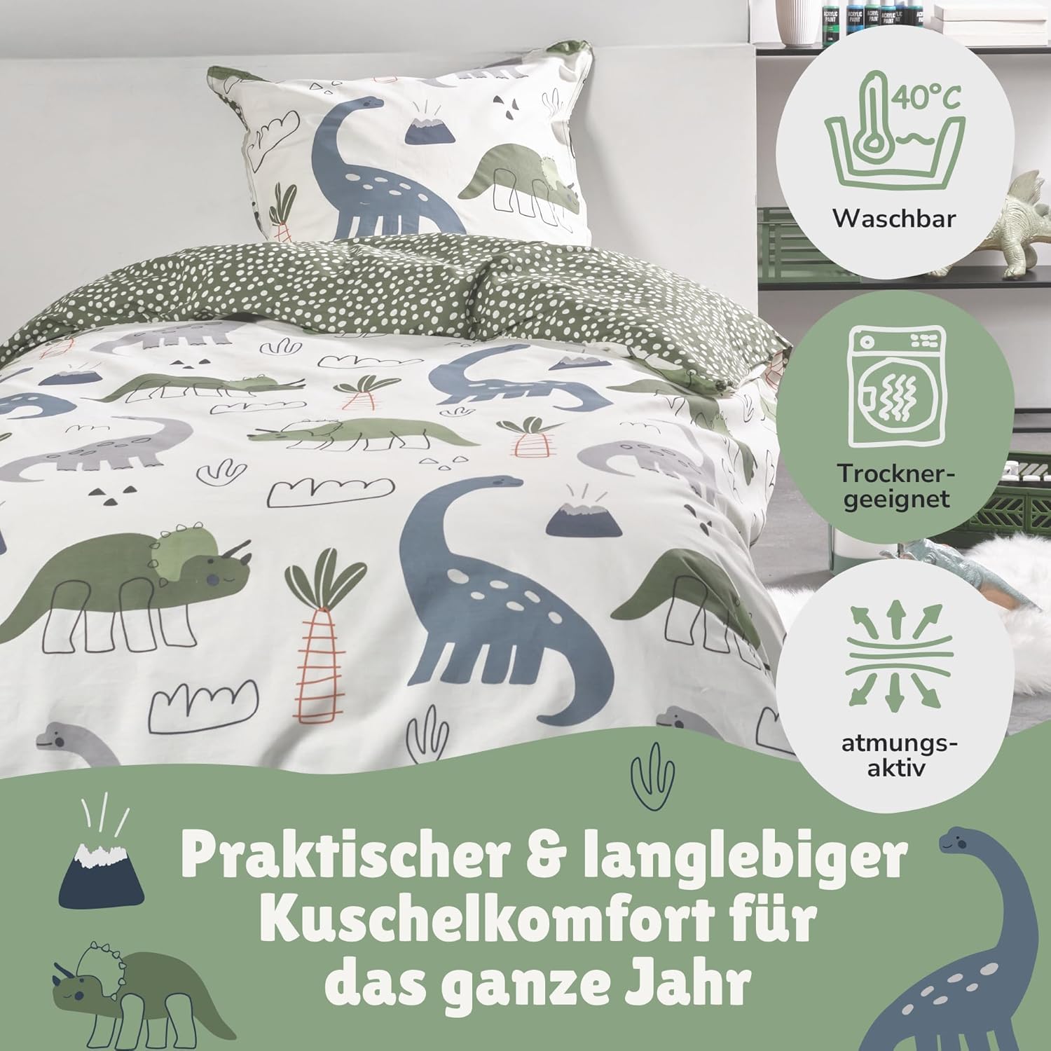 Familando Dino Bettwäsche Set 2-teilig 135x200 80x80 cm – Kinderbettwäsche Dinosaurier Triceratops Brachiosaurus Grün - 100% Baumwolle mit Wendemotiv – Atmungsaktiv & hautfreundlich - Öko-TEX