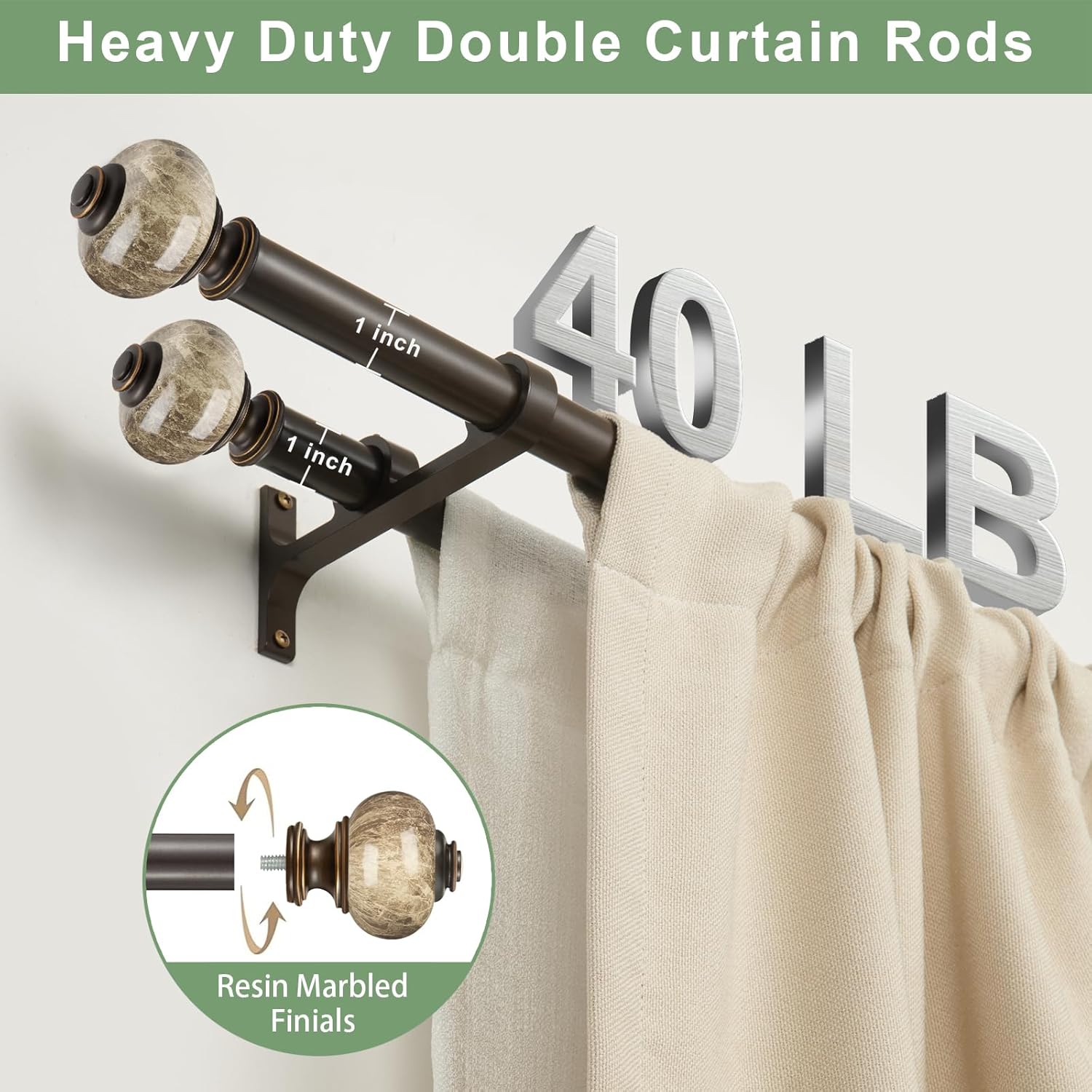 Double Curtain Rods 36-72 Inch(3-6ft), Heavy Duty 1 Inch Front and 1 Inch Back Diameter Telescoping Drapery Rod with Resin Marbled Finials and Aluminum Alloy Brackets, Dark Bronze