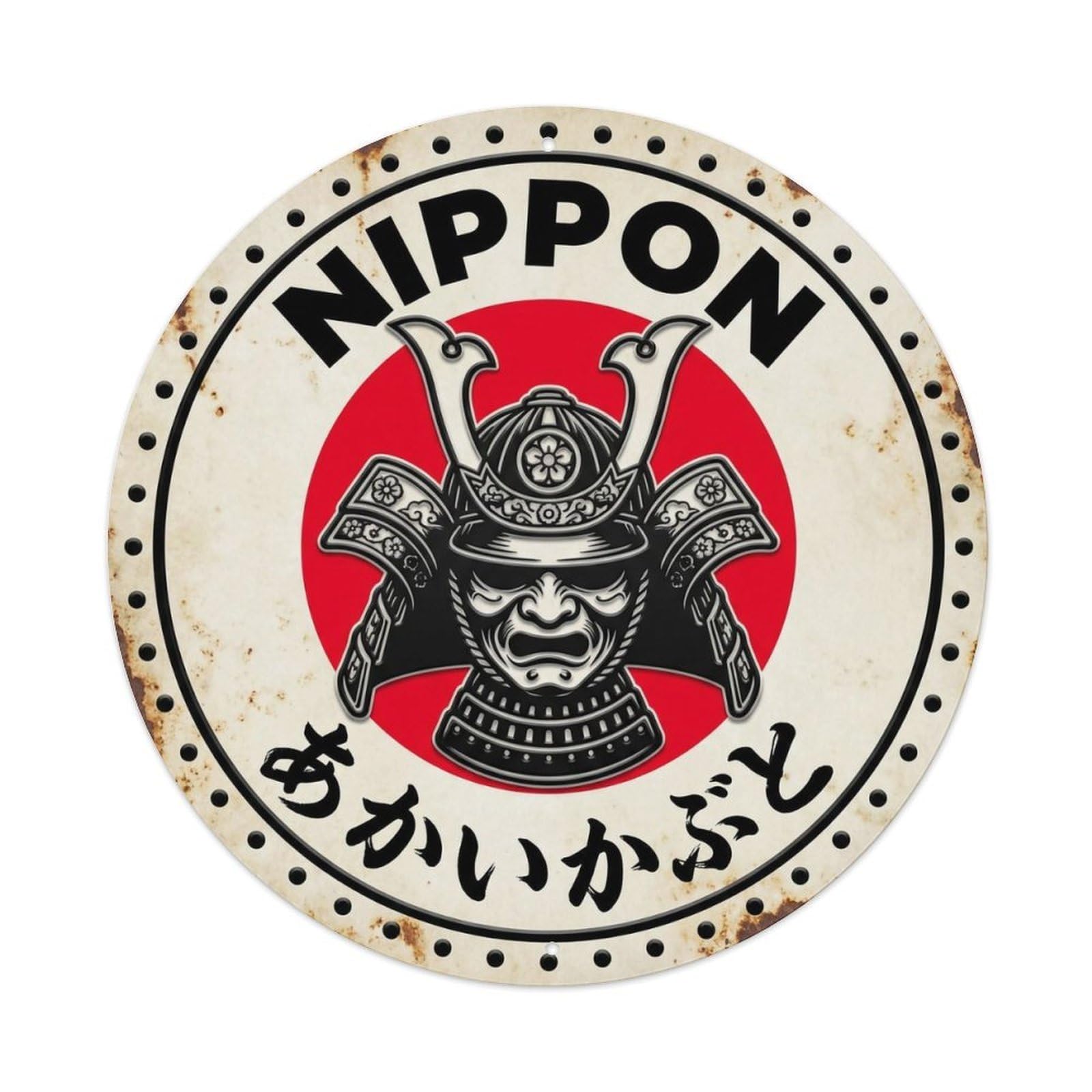 Red Helmet Nippon Warrior Armor Rustic Metal Tin Sign