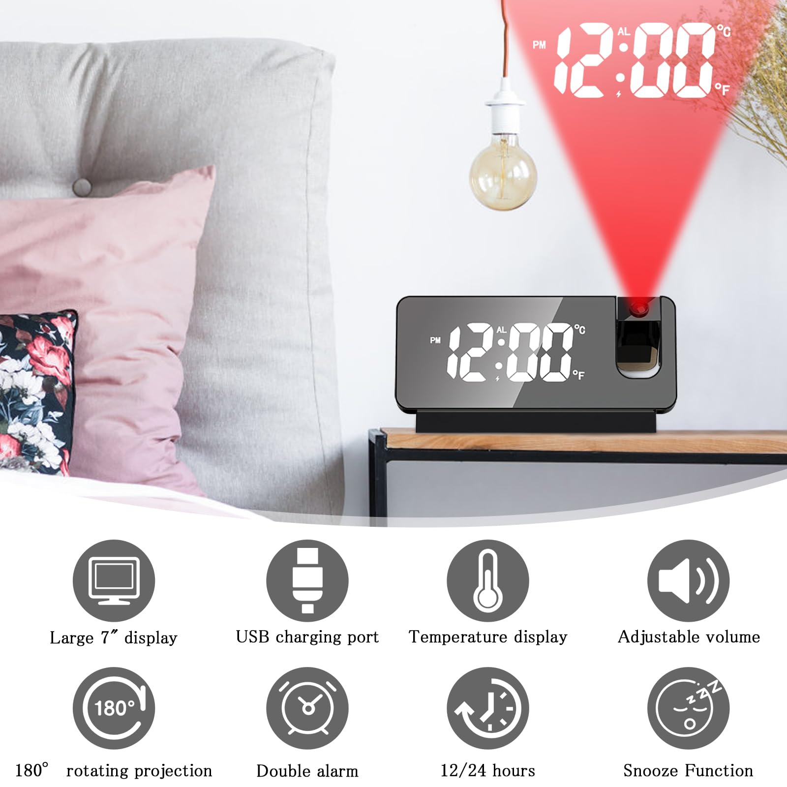 TNSLAND Reloj Despertador con proyección, Despertador con proyección de 180 °, Reloj Despertador LED, Reloj Digital, Reloj Digital con repetición de Doble Gong, Temperatura, Puerto USB, función