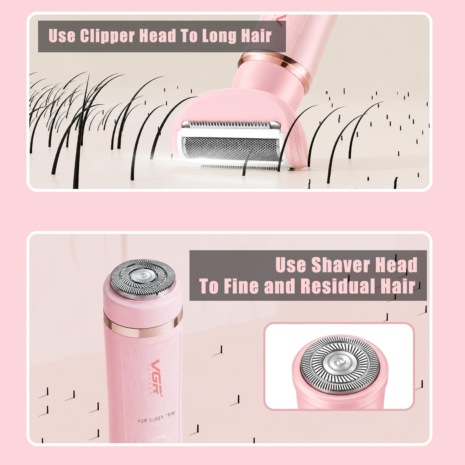 VGR 761 Epilatore Donne, 4 in 1 Rasatore Intimo Senza Fili per Donne, Rasoio Elettrico Femminile e Epilatore Viso, Rasoio Elettrico per Gambe, Viso, Corpo e Ascelle, Rosa