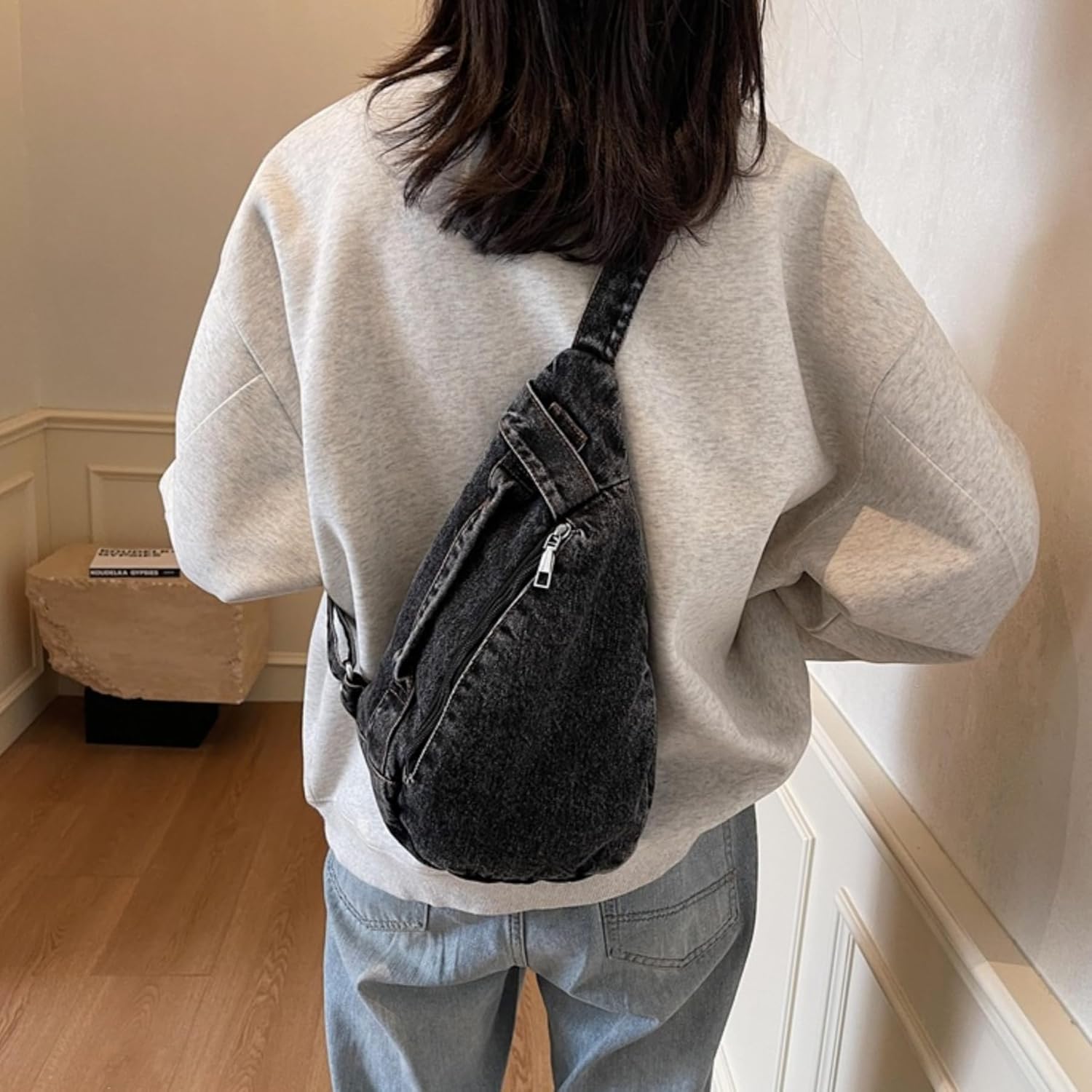 Women's Fashion Washed Denim Multi-Functional Single Shoulder Crossbody Bag Casual Chest Bag, Lightweight Crossbody Phone Bag Purse - Image 3