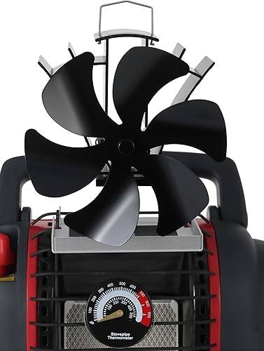 VODA Wood stove fan for Buddy Heater, Heat Powered Fireplace Fans 6 Blades, Non Electric Thermoelectric Thermal Fan with Bracket w/Stove Thermometer