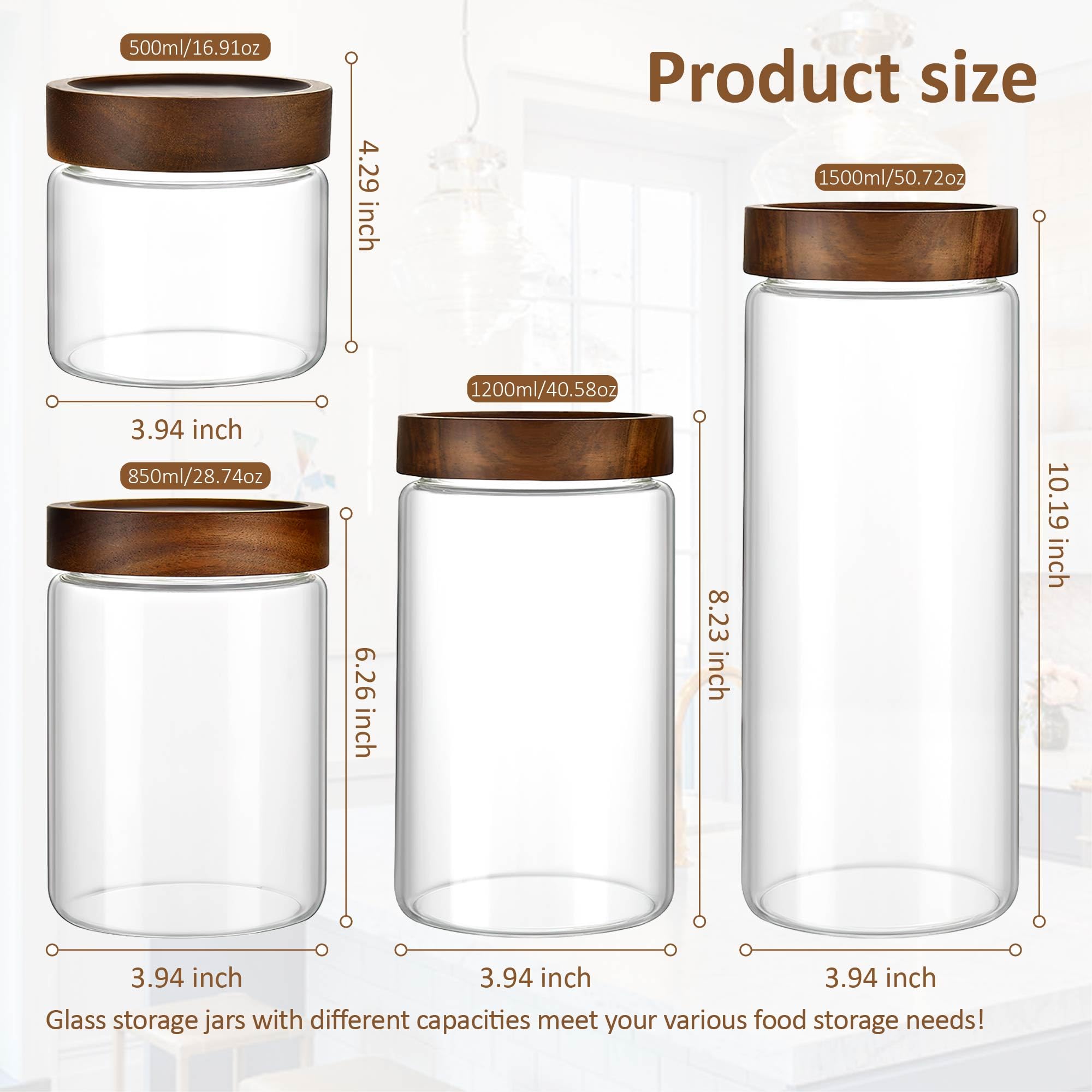 Barattoli in vetro con coperchi in legno, contenitori ermetici trasparenti da 850 ml (set da 3) con tappo a vite, contenitori da cucina per chicchi di caffè, biscotti, decapaggio, pasta