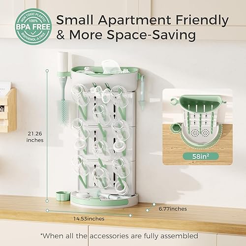 Miniatura 4 de Momcozy Estante de secado de botellas más grande para 18 botellas, estante vertical de encimera que ahorra espacio con soporte para cepillos,