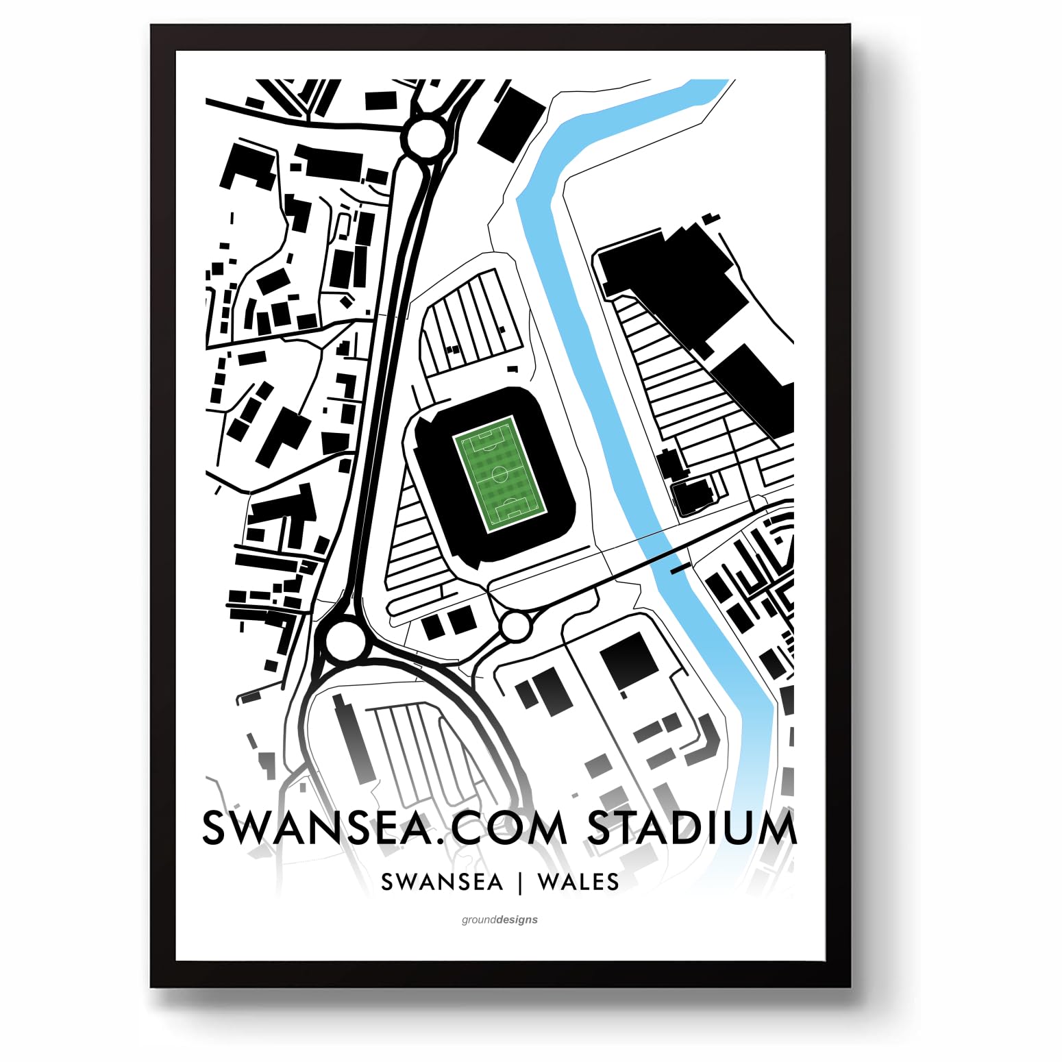 GroundDesigns SWANSEA CITY FC Football Gift SWANSEA.COM STADIUM Art Map Unframed A3 Print SWANS