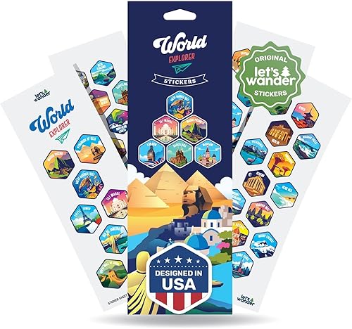 LET'S WANDER Juego de 50 calcomanías World Adventure, diseñadas para botella de agua World Explorer, calcomanías impermeables y resistentes a la